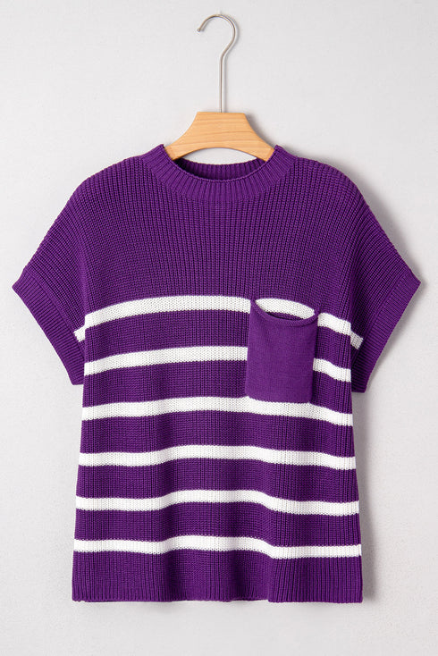 Striped Raw Edge Patch Pocket Drop Shoulder Short Sleeve Sweater